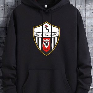 Men'S Casual Black Hoodie with Ascoli Picchio F.C. Soccer Club Graphic - Soft Polyester Blend, Long Sleeve Pullover with Front Pockets, Perfect for Fall & Winter, Allseason Pullover|Hooded Pullover|Soft Polyester Blend