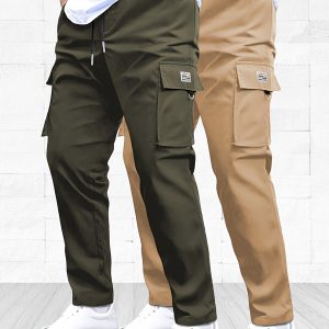 Josh Rose 2pcs Men's Solid Color Drawstring Cargo Pants, Springu002FSummer Men's Outdoor Sports Cargo Ankle Pants, Fashionable and Versatile Street Vintage American Trend Tapered Casual Trousers, Practical Work Pants for Men