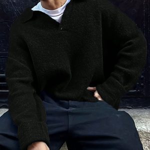 New Autumnu002FWinter Men's Casual Loose Fit Versatile Atmospheric Turn- Collar Pullover Street Long Sleeve Sweater Hip-Hop Knit Top