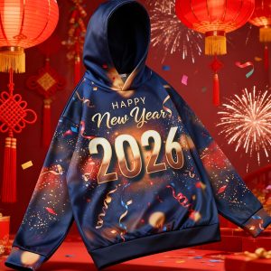 New Arrival 2026 New Year Limited Edition Hoodie - Navy Blue Base with Festive Ribbon Digital Print 