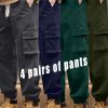 4 Pairs Men’S Stylish Solid Color Work Pants – Multi-Flap Pocket, Loose Fit, Casual Outdoor Attire, All-Season Comfort, Casual Workwear | Relaxed Fit Pants | Stretchy Fabric