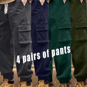 4 Pairs Men'S Stylish Solid Color Work Pants - Multi-Flap Pocket, Loose Fit, Casual Outdoor Attire, All-Season Comfort, Casual Workwear | Relaxed Fit Pants | Stretchy Fabric