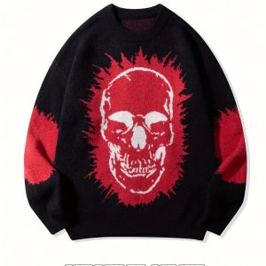 Men's and Women's Street Style Halloween Fashion Skull Portrait Pattern Long Sleeve Sweater, Round Neck Casual Warm Versatile Loose Drop Shoulder Pullover Fabric Top for Spring, Autumn, Winter