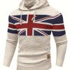 Men’S Casual Hooded Knit Sweater Featuring a British Flag Pattern, Designed with a Windproof Drawstring