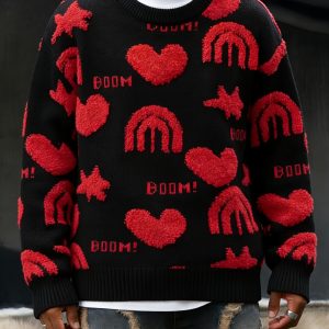 Men'S Knitted Sweater | Fashionable Loose Crew Neck, Heart Pattern, High Stretch Fabric for Fallu002FWinter, Ideal for Christmas and Valentine'S Day Gifts