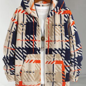 Men's Plaidu002FTartan Design Hooded Full-Zip Jacket Winter Thickened Warm Jacket with Hooded Collar Design Suitable for Casual Outdoors, Home, and Cold Weather Beige Plaid Pattern Paired with Material Holiday Gift, Perfect for Presenting