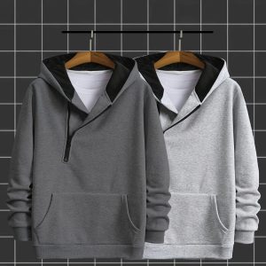 2pcs Novelty Diagonal Zipper Hoodie, Men's Casual Stretchy Drawstring Sweatshirt Jacket