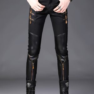 Spring Collection Men's Korean Style Slim-Fit Pants, Trendy Men's Knee-Patch Zippered Half- Pants with Golden 3D Skull Zipper, Mainstream Zippered Skinny Fit Half- Men's Long Pants