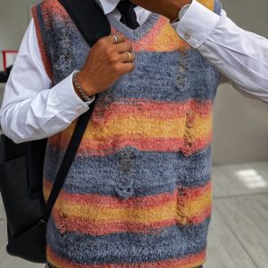 New Men's Striped V-Neck Sleeveless College Style Contrast Stripe Fabric Vest for Spring, Summer, and Autumn