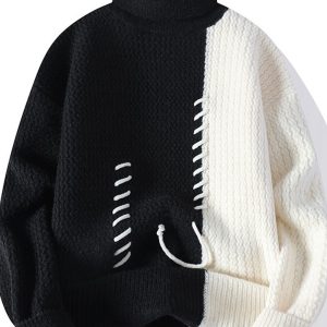 Men'S Autumn And Winter New Pullover High-Neck Color-Blocked Long-Sleeve Thickened Sweater for a Stylish And Warm Casual Knitwear