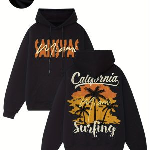 Pearson OBM - Kimura Sansha Brand Coconut Tree Seascape Print American Hooded Design Sweatshirt Loose Vintage Casual Top