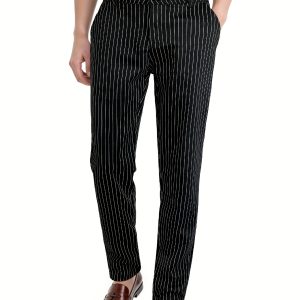 Men'S Tailored Black Striped Suit Pants, Perfect for Casual Everyday Wear