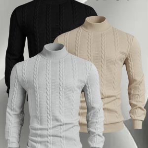 A Set of Three Men'S Small Stand-Collar Knitted Long-Sleeve Pullovers, Comfortable And Soft for Autumn And Winter, Featuring a Casual Round Neck Design. This Stylish And Versatile Top Has Ribbed Cuffs, Making It Suitable for Outdoor Activities