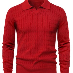 New Men'S Casual Stretchy Knit Collar Sweater - 1.28 LB Thick And Warm V-Neck Long Sleeve Pullover, Solid Color for Autumn And Winter, Hand Washu002FDry Clean, Medium Stretch Fabric