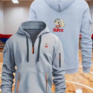 Men's Popeye the Sailors Iconic Cartoon Print -Lined Hooded Jacket with Zipper & Sailor Strip - Warm Winter Coat, Casual Sweater (S-XXXL), Machine Washable for Themed Parties & Casual Attire - Nostalgic Design for s