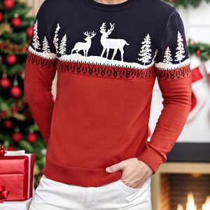 Festive Men's Christmas Reindeer & Pine Tree Crew Neck Sweater - Long Sleeve, 100% Polyester, Perfect for Holiday Parties, Hand or Dry Clean Only, Holiday Party Apparel|Slim Fit Sweater|Glossy Texture, Christmas Garland