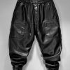 829 Men’s Fashion Casual Three-Dimensional Cut Personality Front Pocket Drawstring Elastic Waist PU Leather Pants Casual Trousers