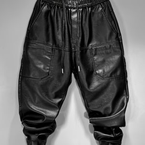 829 Men's Fashion Casual Three-Dimensional Cut Personality Front Pocket Drawstring Elastic Waist PU Leather Pants Casual Trousers