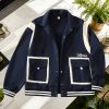 Men’s Casual Fashion Jacket, Featuring a Navy Blue Base with Contrasting Trim. Designed with a Lapel and Contrasting Pocket Details, Enhanced with Letter Embroidery for an American Casual Vibe. Made from Skin-friendly, Comfortable Fabric with a Loose