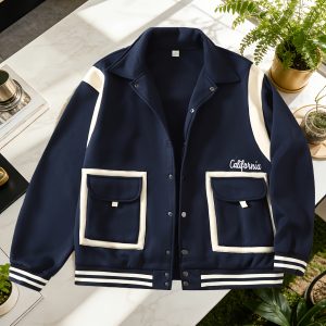 Men's Casual Fashion Jacket, Featuring a Navy Blue Base with Contrasting Trim. Designed with a Lapel and Contrasting Pocket Details, Enhanced with Letter Embroidery for an American Casual Vibe. Made from Skin-friendly, Comfortable Fabric with a Loose