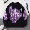1pc Men’s Casual Pullover – Round Neck Sweater – Regular Fit for Autumnu002FWinter – Polyester Knit with Halloween Skeleton Pattern