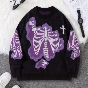 1pc Men's Casual Pullover - Round Neck Sweater - Regular Fit for Autumnu002FWinter - Polyester Knit with Halloween Skeleton Pattern